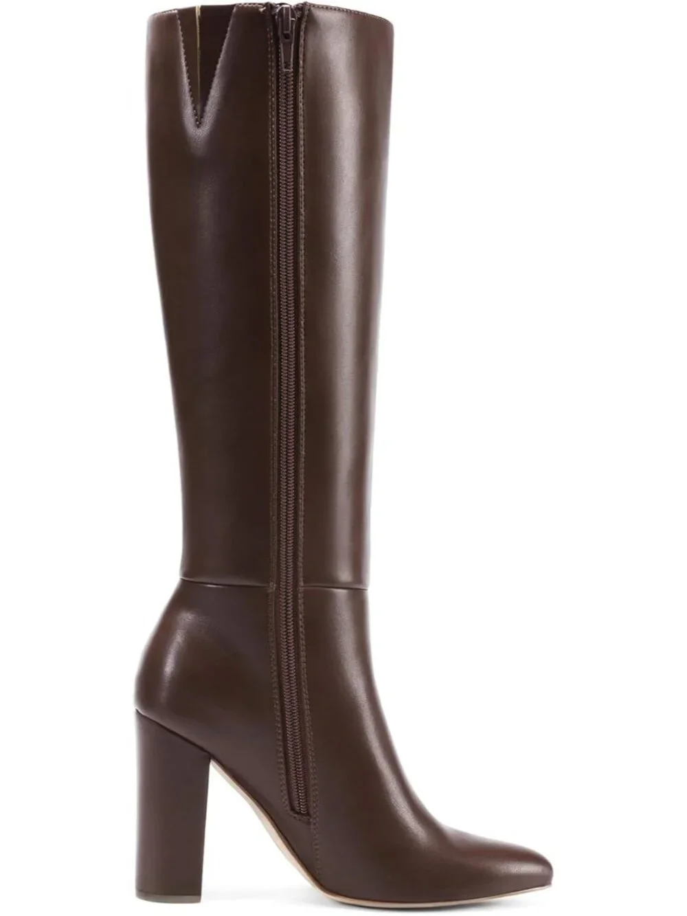 Women's Brown Faux Leather Chunky Heel Pointed Toe Side Zipper Knee High Boots